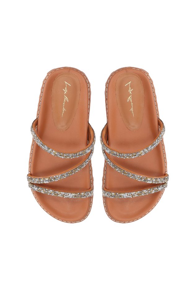 PAPETE DE TIRAS FINAS EM COURO CARAMELO COM APLICAÇÃO DE CRISTAIS