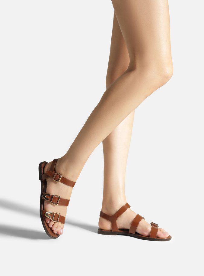 SANDALIA RASTEIRA MARROM COURO TIRAS FIVELAS - AREZZO