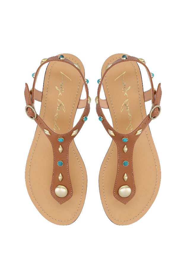 RASTEIRA DE DEDO EM COURO CARAMELO COM APLICAÇÕES TURQUESA E METAL