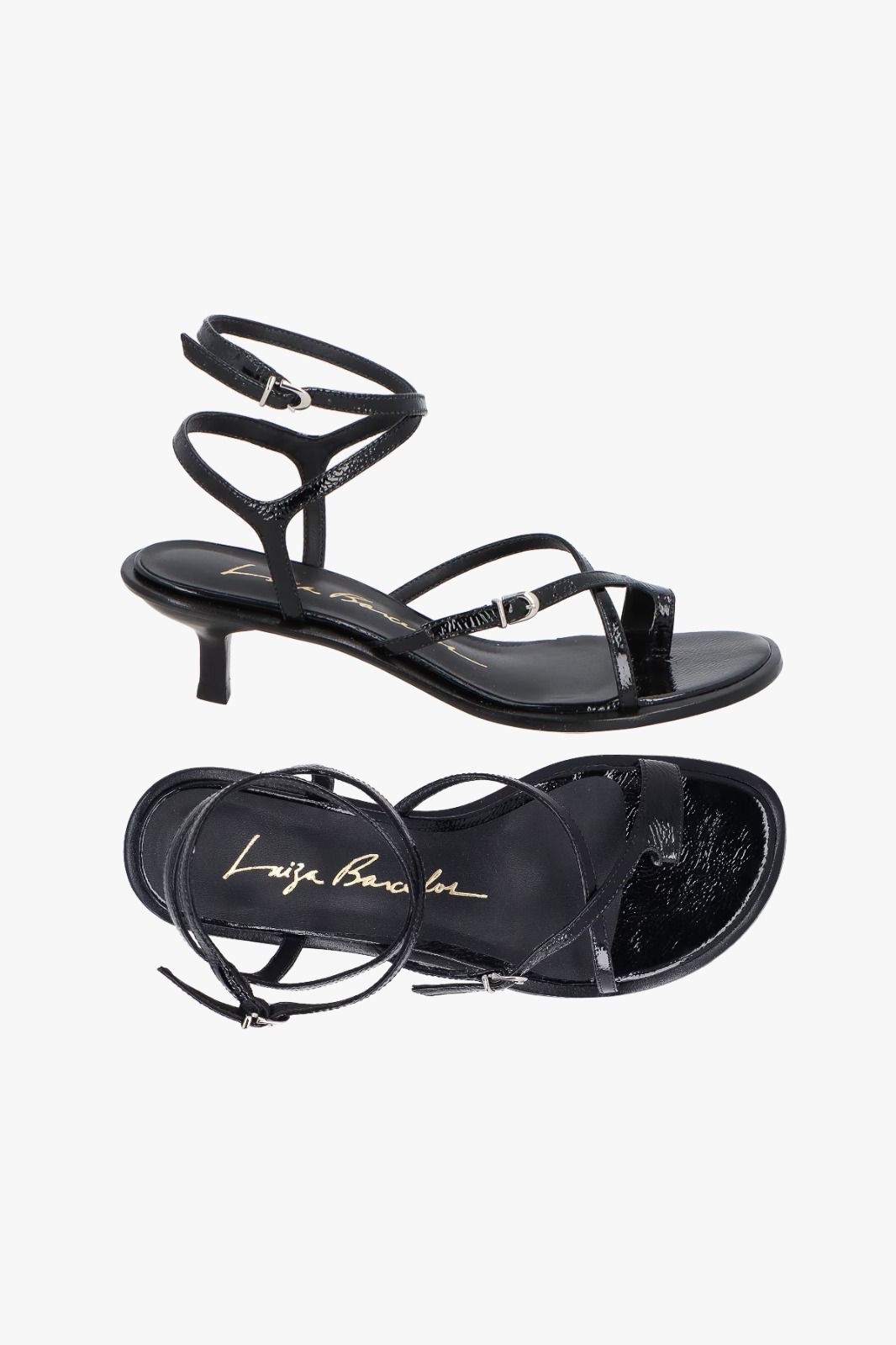 SANDÁLIA EM COURO VERNIZ PRETO COM SALTO BAIXO E TIRAS FINAS