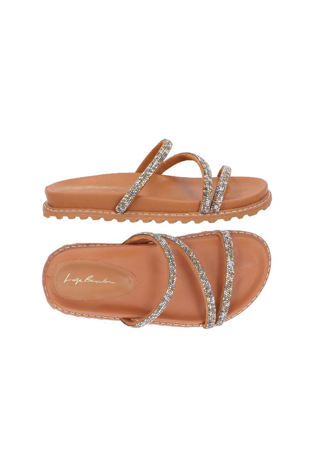 PAPETE DE TIRAS FINAS EM COURO CARAMELO COM APLICAÇÃO DE CRISTAIS