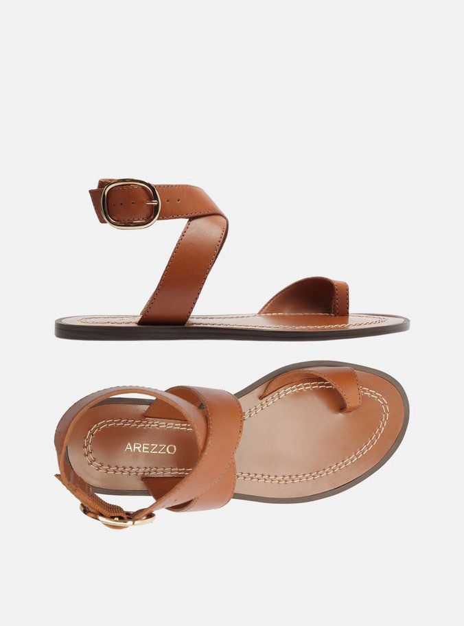 SANDALIA RASTEIRA MARROM COURO TIRAS DEDEIRA