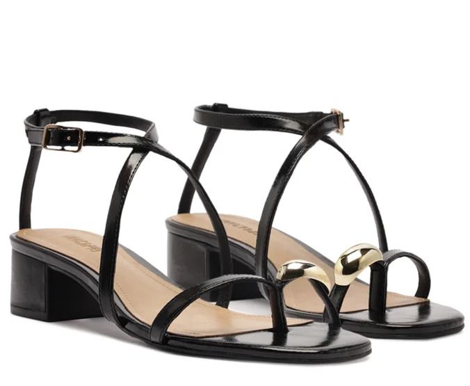 SANDALIA SALTO BLOCO TIRAS FINAS ADORNO PRETA