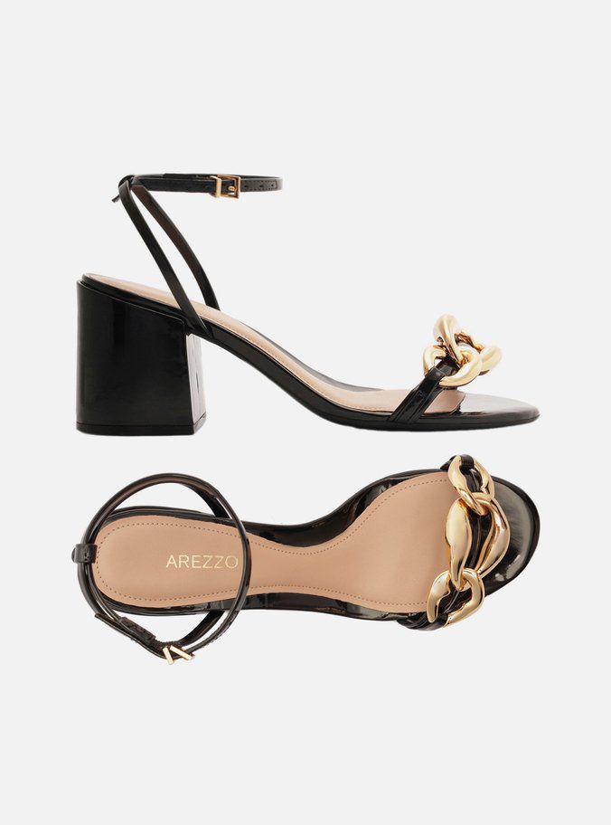 SANDALIA PRETA VERNIZ SALTO BLOCO ELOS METAL - AREZZO
