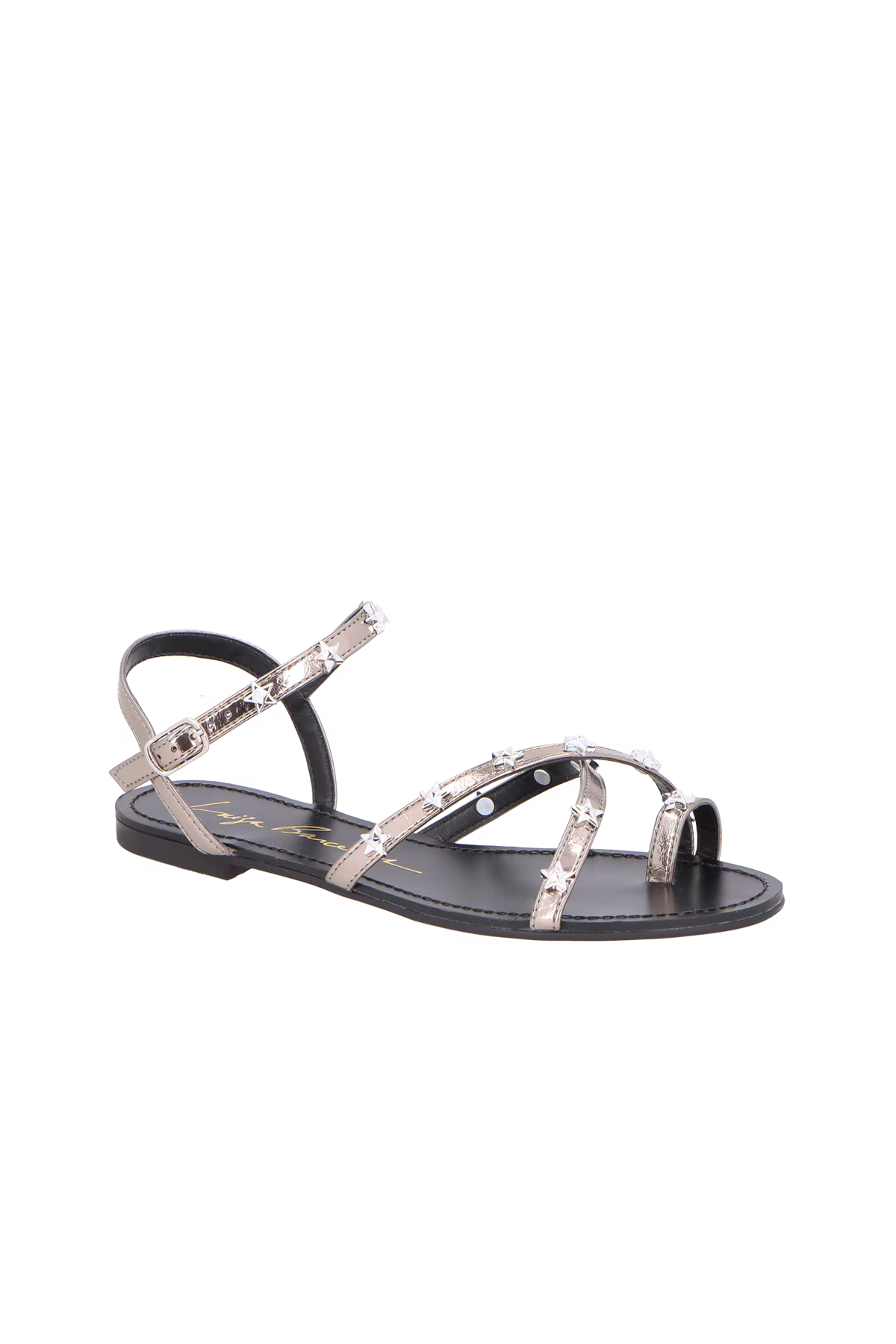 SANDÁLIA RASTEIRA EM METALIZADO CHUMBO COM REBITES DE ESTRELAS -LUIZA BARCELOS