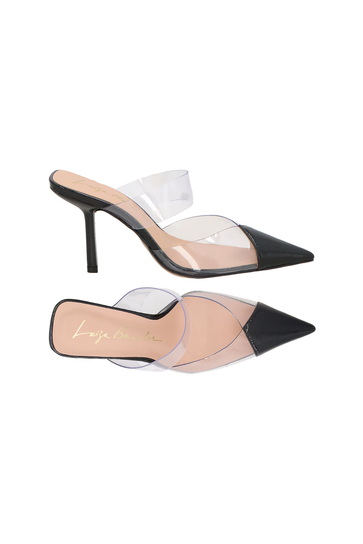 SCARPIN MULE SALTO ALTO FINO EM COURO VERNIZ PRETO E VINIL